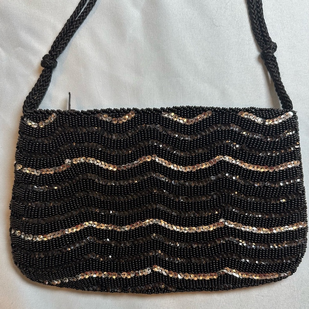 Vintage Beaded Purse Black Sequin Evening Bag Made in Hong Kong Fashion Imports - Picture 1 of 8